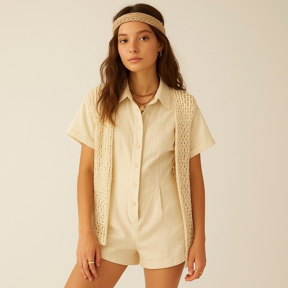 Free People Keep It Crisp Shortall Romper - Various Sizes - Tofu - New with Tags - Picture 1 of 5